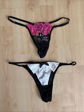 Frederick's of Hollywood Black & Hot Pink Lace and Tuxedo Thong Set